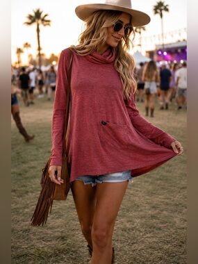 Soft Surroundings Petite Small Long Tunic Top Red Cowl Neck Pocket
